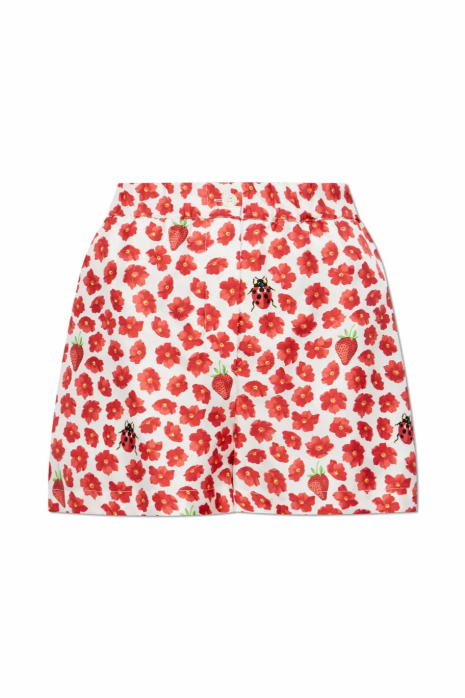 Versace RED Silk shorts with Strawberry Garden print